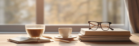 A stack of books, glasses and coffee on a table, AIの素材