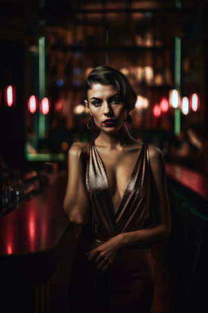 A woman in a dress standing in front of a bar, AIの素材