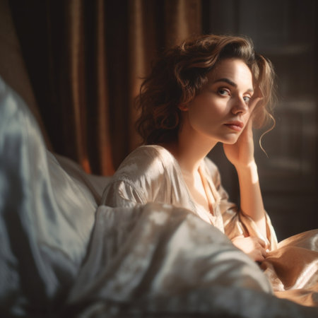 A woman in bed with a light shining on her face, AIの素材