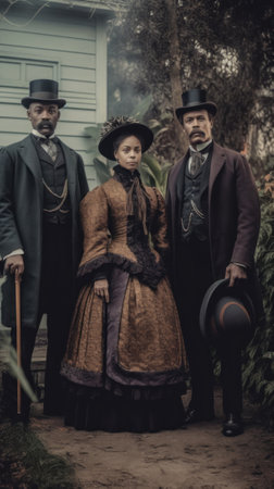 Vintage photo of three african-american people in period clothing standing next to each other, AIの素材