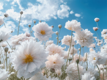 White flowers in a field with blue sky, AIの素材