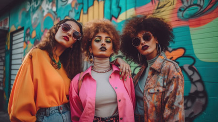 Three women standing next to each other in front of a graffiti wall. Generative AI image.の素材