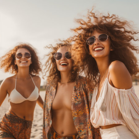 Three women in bikinis and sunglasses on the beach. Generative AI image.の素材