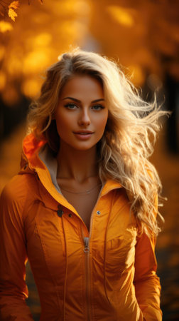 A beautiful blonde woman in an orange jacket, AIの素材