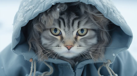 A cat wearing a blue jacket in the snow, AIの素材