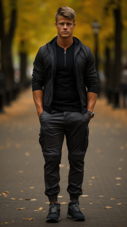 A man in black shirt and black pants standing on a street, AIの素材