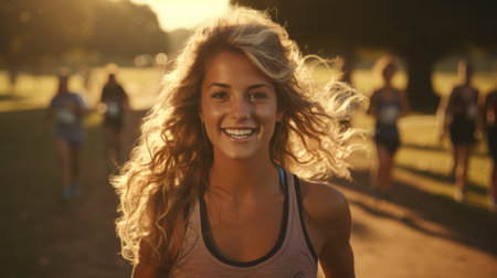 A woman is smiling while running in the sun, AIの素材