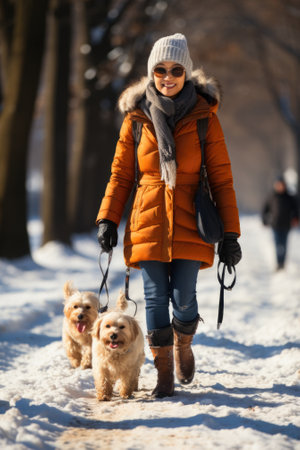 Woman walking dogs in the snow, AIの素材