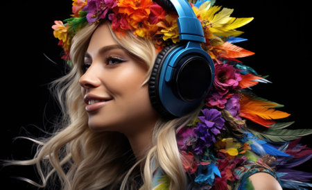 A beautiful blonde woman wearing headphones with colorful flowers, AIの素材