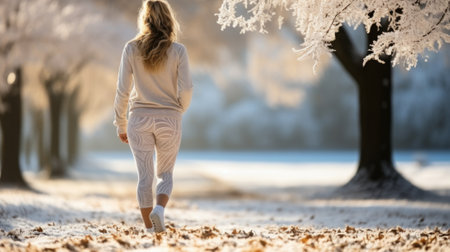 A woman walking through a snowy park, AIの素材