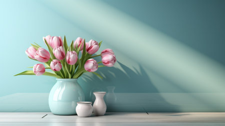 A vase with pink tulips sitting on a table, AIの素材