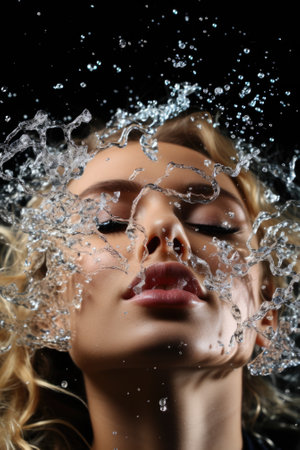 A woman is under water with water splashing on her face, AIの素材