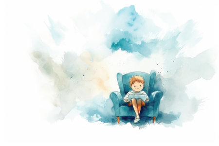 Watercolor illustration of a boy sitting in a chair, AIの素材