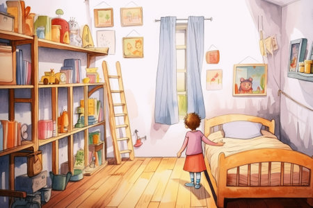 A little girl is standing in front of a bedroom, AIの素材