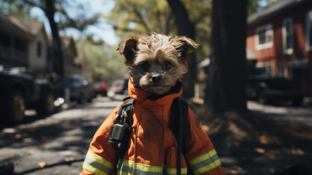 A dog wearing a firemans jacket, AIの素材