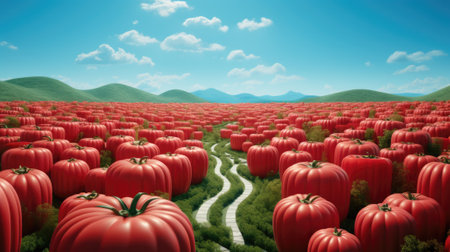 A field of red tomatoes with a path leading to them, AIの素材