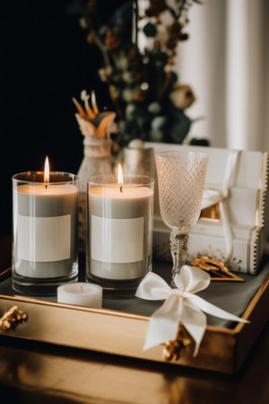 Two candles sitting on top of a tray. Generative AI image.の素材