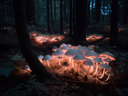 A group of mushrooms that are sitting in the grass. Generative AI image.の素材