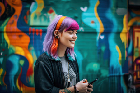 A woman with colorful hair standing in front of a graffiti wall, AIの素材