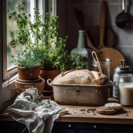 Bread in a pan on a kitchen counter, AIの素材