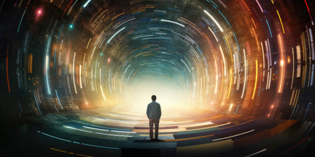A man standing in front of a tunnel with light coming out of it, AIの素材