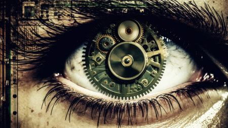 A close up of a womans eye with a clockwork mechanism, AIの素材