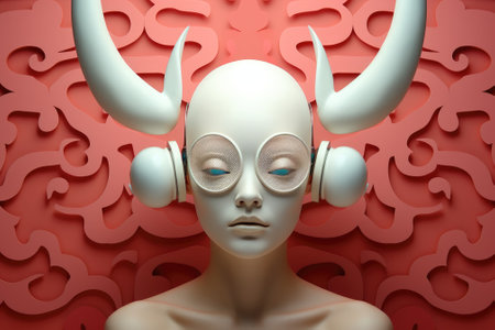 A woman robot with horns and headphones on her head, AIの素材