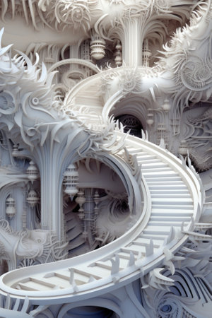 A white spiral staircase is shown in a 3d rendering, AIの素材