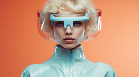 A woman wearing a clear visor and a blue suit, AIの素材