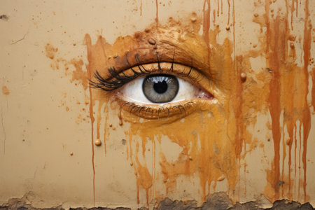 A close up of a womans eye at the wall with a paint splatter, AIの素材