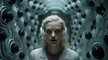 A woman with headphones in a tunnel, AIの素材