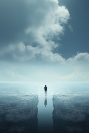 A man standing on a cliff looking out over the ocean, AIの素材