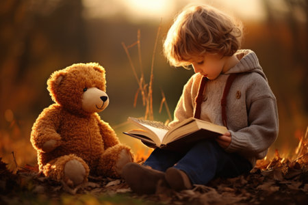 A little boy is reading a book with a teddy bear, AIの素材