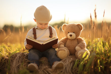 A young boy is reading a book with a teddy bear, AIの素材