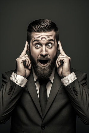 A man in a suit and tie holding his hands to his ears, AIの素材