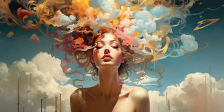 A woman with colorful hair and clouds in the sky, AIの素材