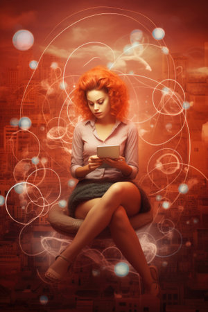 A woman sitting on a chair with her phone, AIの素材