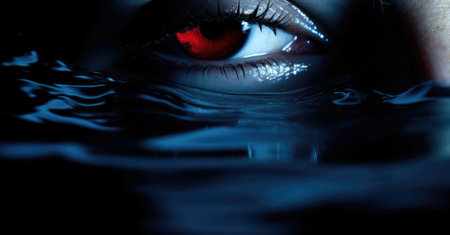 A close up of a womans eye with red eyes, AIの素材