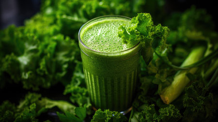 A glass of green juice surrounded by green leaves, AIの素材