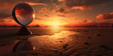 A mirror reflecting the sunset on a beach, AIの素材
