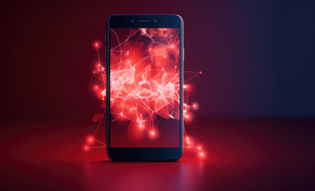 Smartphone with glowing red lines on the screen, AIの素材