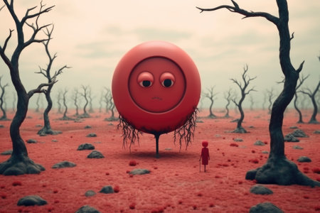 A red ball with a face in the middle of a barren area. AI.の素材