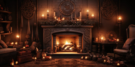 A living room with a fire place and lots of candles. AI.の素材