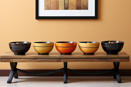 A group of bowls sitting on top of a wooden table. AI.の素材