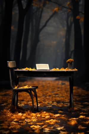 A wooden table with a laptop on top of it. AI.の素材