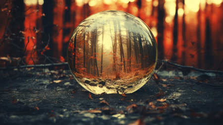 A glass ball sitting on the ground in front of a forest. AI.の素材