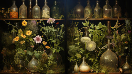 A shelf filled with vases filled with different types of flowers. AI.の素材