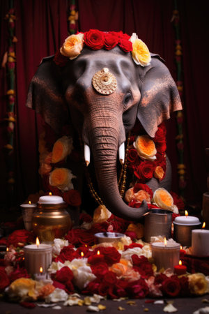 A statue of an elephant surrounded by flowers and candles. AI.の素材
