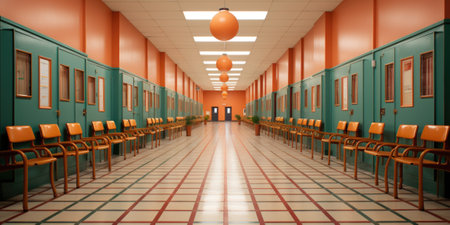A long hallway with orange walls and chairs. AI.の素材