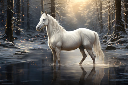A white horse is standing in the water. AI.の素材